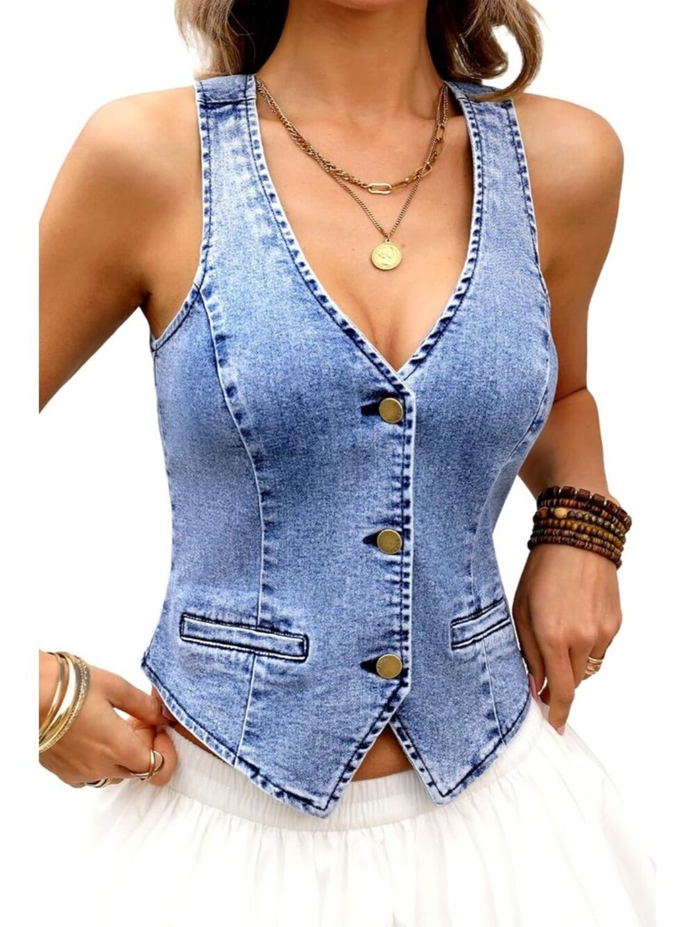 Women's Blue Denim V Neck Cropped Denim Vest Jean With Faux Pockets